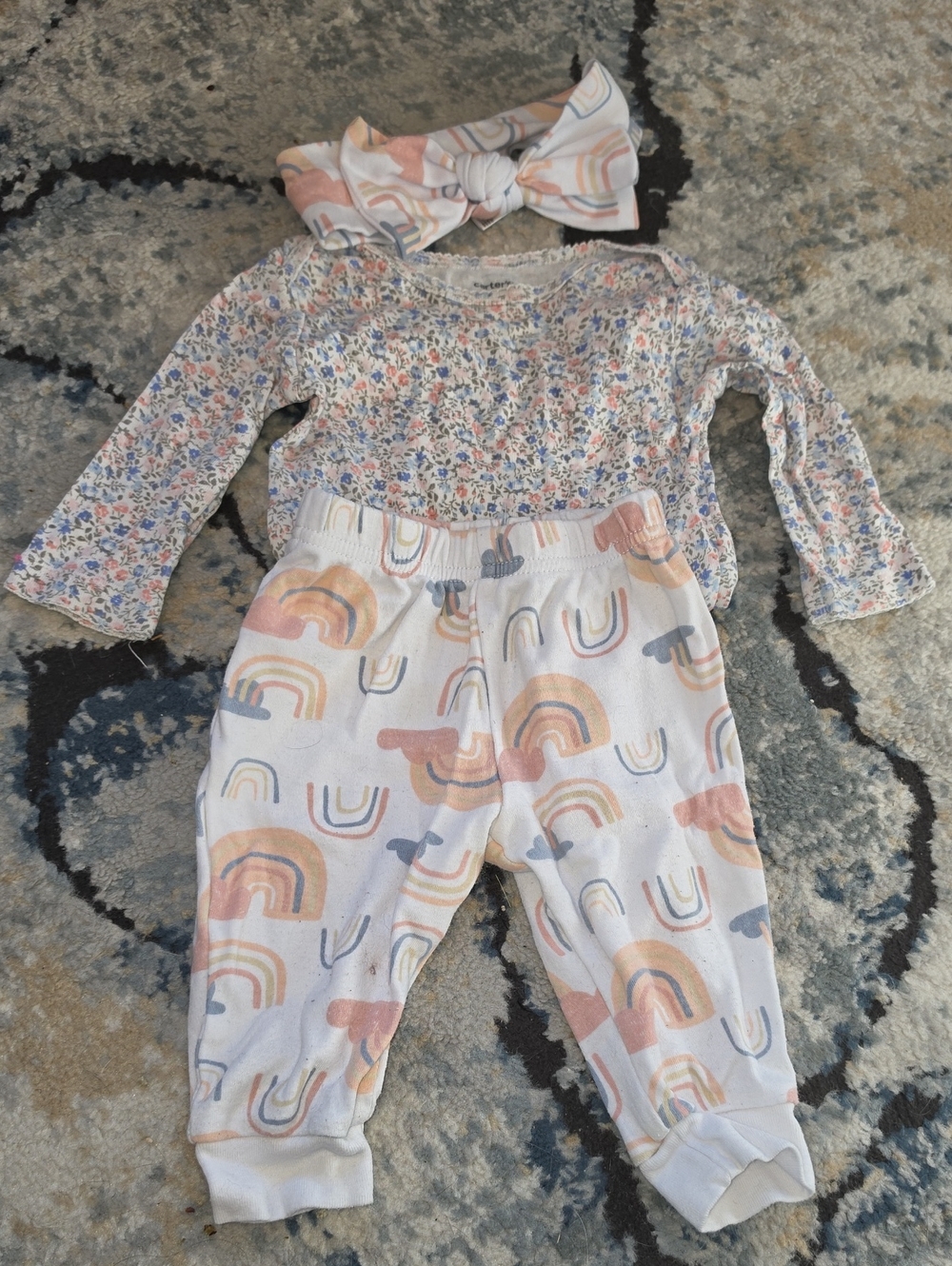 chick pea Floral Top & Pastel Rainbow Jogger Set - Pink, Peach, Blue